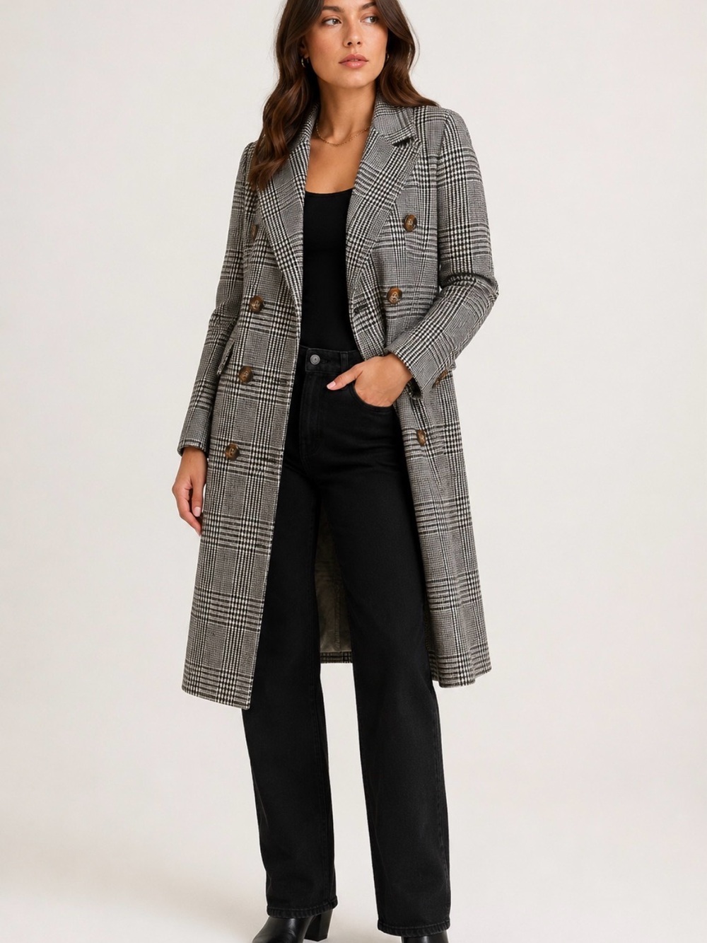 Nasty Gal Glen Plaid Double-Breasted Long Coat - Gray